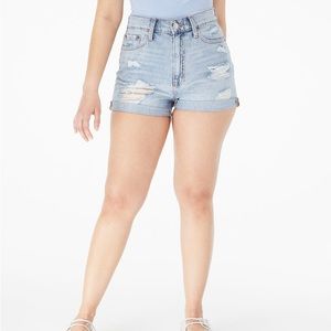 Aeropostale High Waisted Midi Jeans Shorts Size 4 Fold Over Hem Light Blue Wash